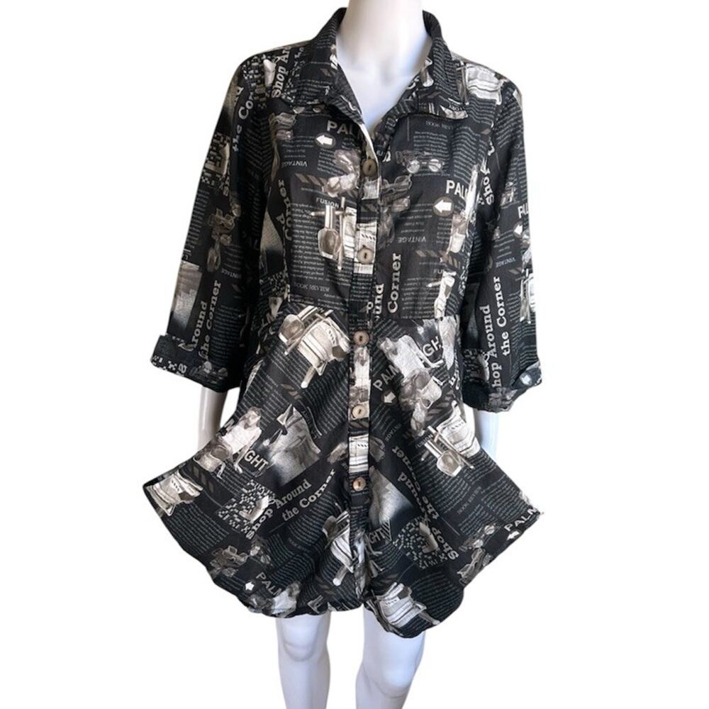 Vintage Connie’s Moonlight Art To Wear Tunic Top Black Abstract Lagenlook L